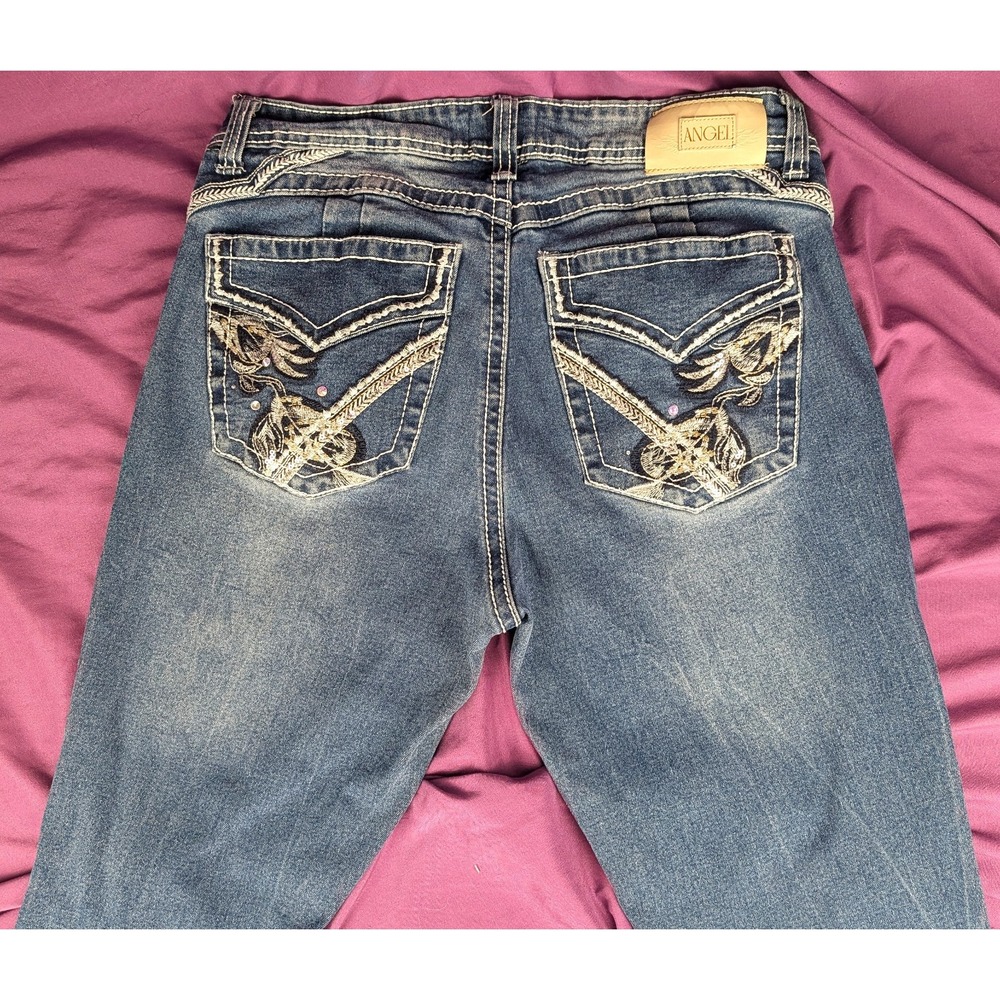 Angel Jeans Teens 13 Blue Bootcut Mid Rise Medium Wash Embroidered Pockets